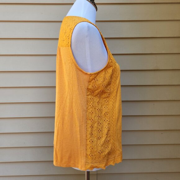 Knox Rose Mustard Yellow Mixed Media Blouse Eyelet Ribbed Tie-Neck Tassel - Picture 10 of 13